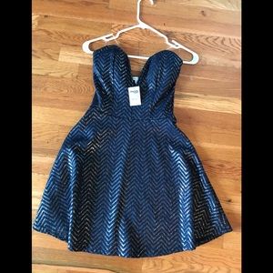 Strapless fit and flare silver/blue dress, NWT.